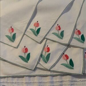8 Vintage White Linen Tulip Hand Embroidered Napkins